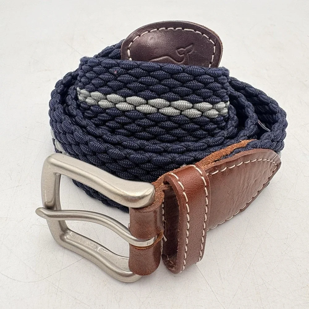 Vineyard Vines Stretch Braided Belt Size 32 Blue Gray Leather Casual Preppy